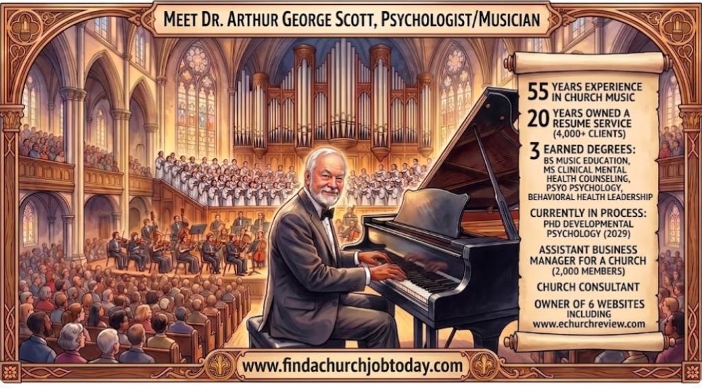 Dr. Arthur George Scott, Owner and Founder of Church Jobs Today — 55 years experience in church music, 20 years resume service with 4,000+ clients, three earned degrees, church consultant