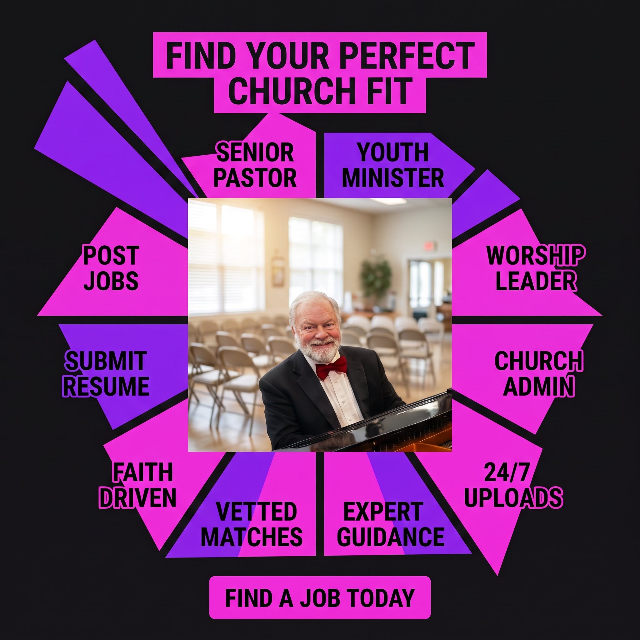 Find Your Perfect Church Fit — Senior Pastor, Youth Minister, Worship Leader, Church Admin, Post Jobs, Submit Resume, Vetted Matches, Expert Guidance, Faith Driven, 24/7 Uploads