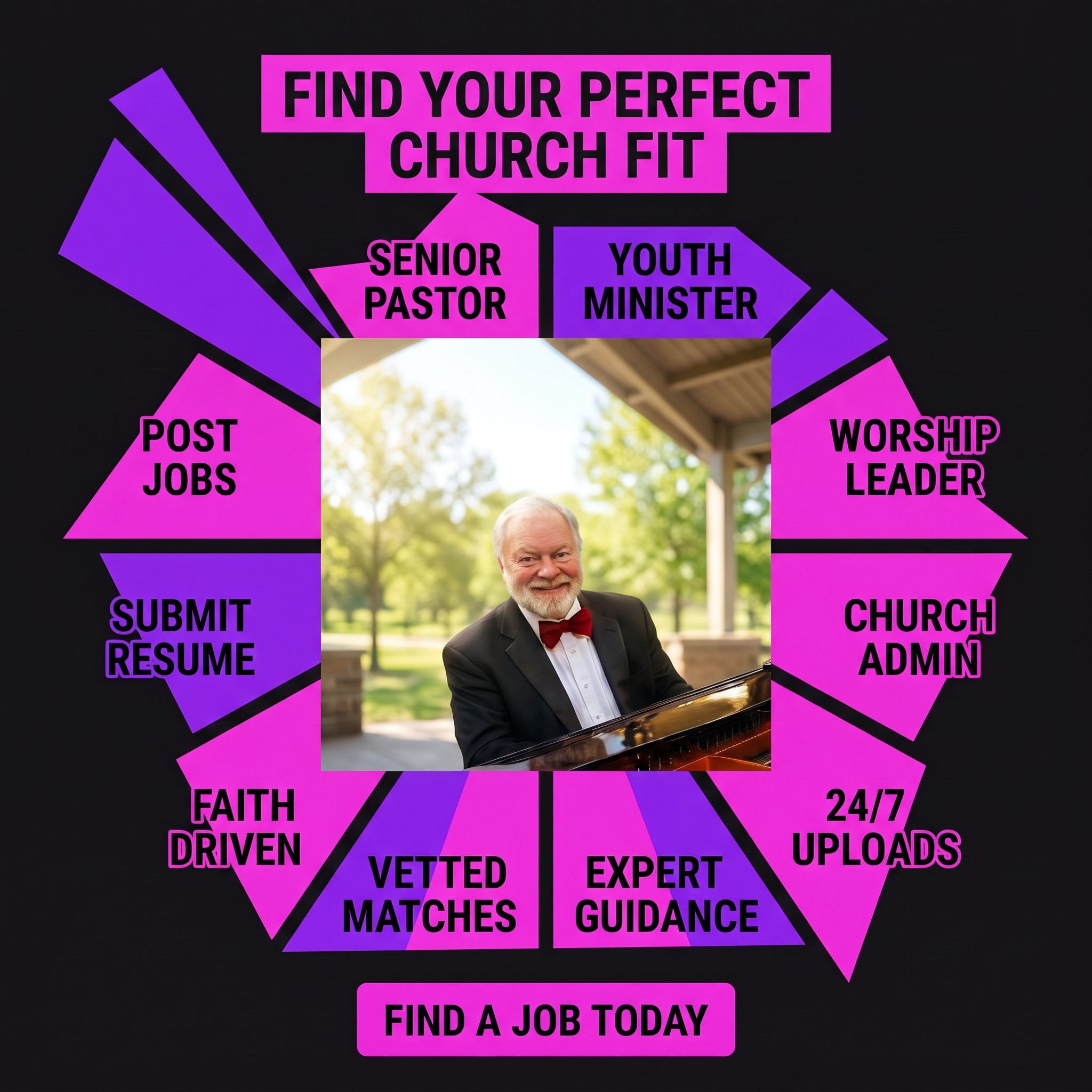Find Your Perfect Church Fit — Senior Pastor, Youth Minister, Worship Leader, Church Admin, Post Jobs, Submit Resume, Vetted Matches, Expert Guidance, Faith Driven, 24/7 Uploads