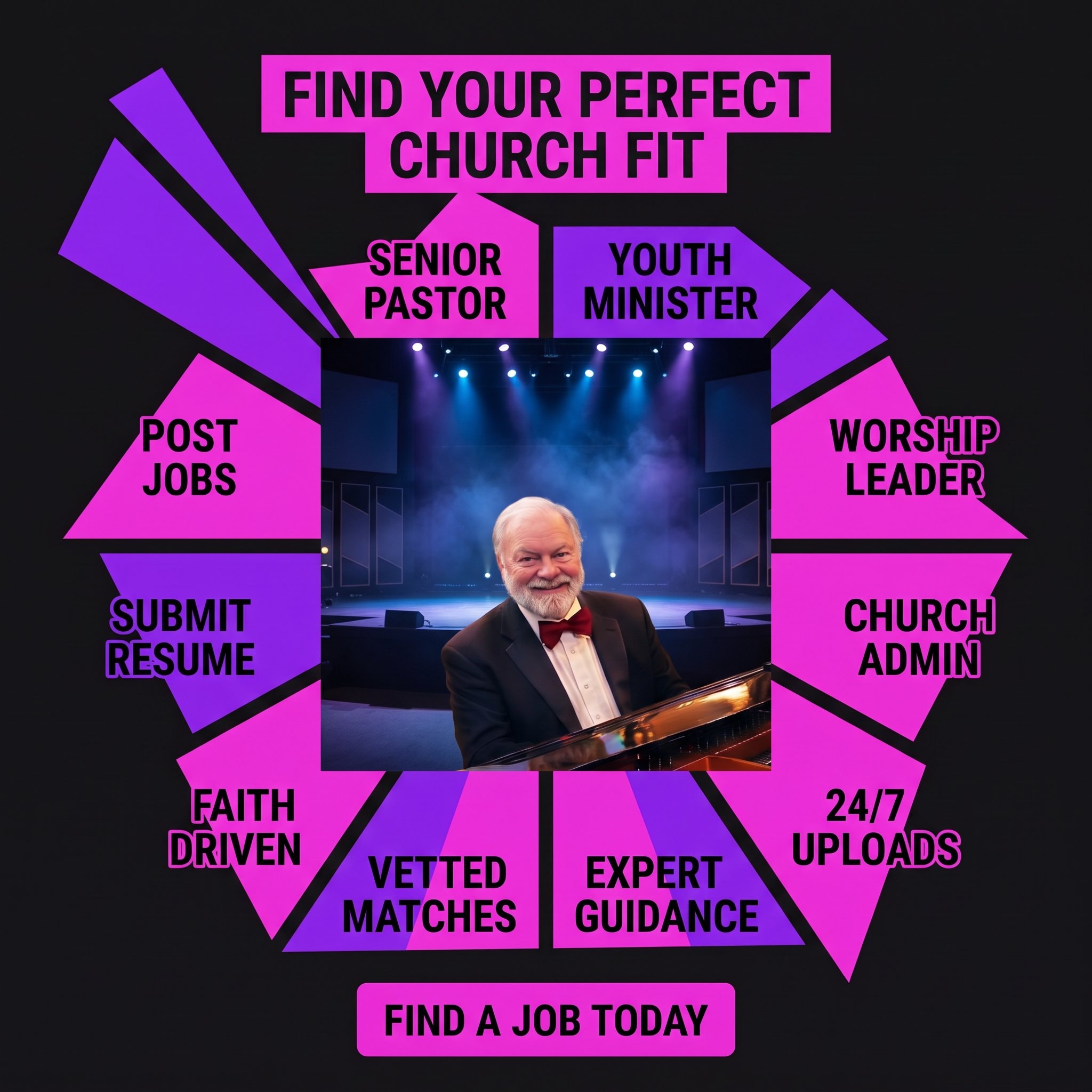 Find Your Perfect Church Fit — Senior Pastor, Youth Minister, Worship Leader, Church Admin, Post Jobs, Submit Resume, Vetted Matches, Expert Guidance, Faith Driven, 24/7 Uploads