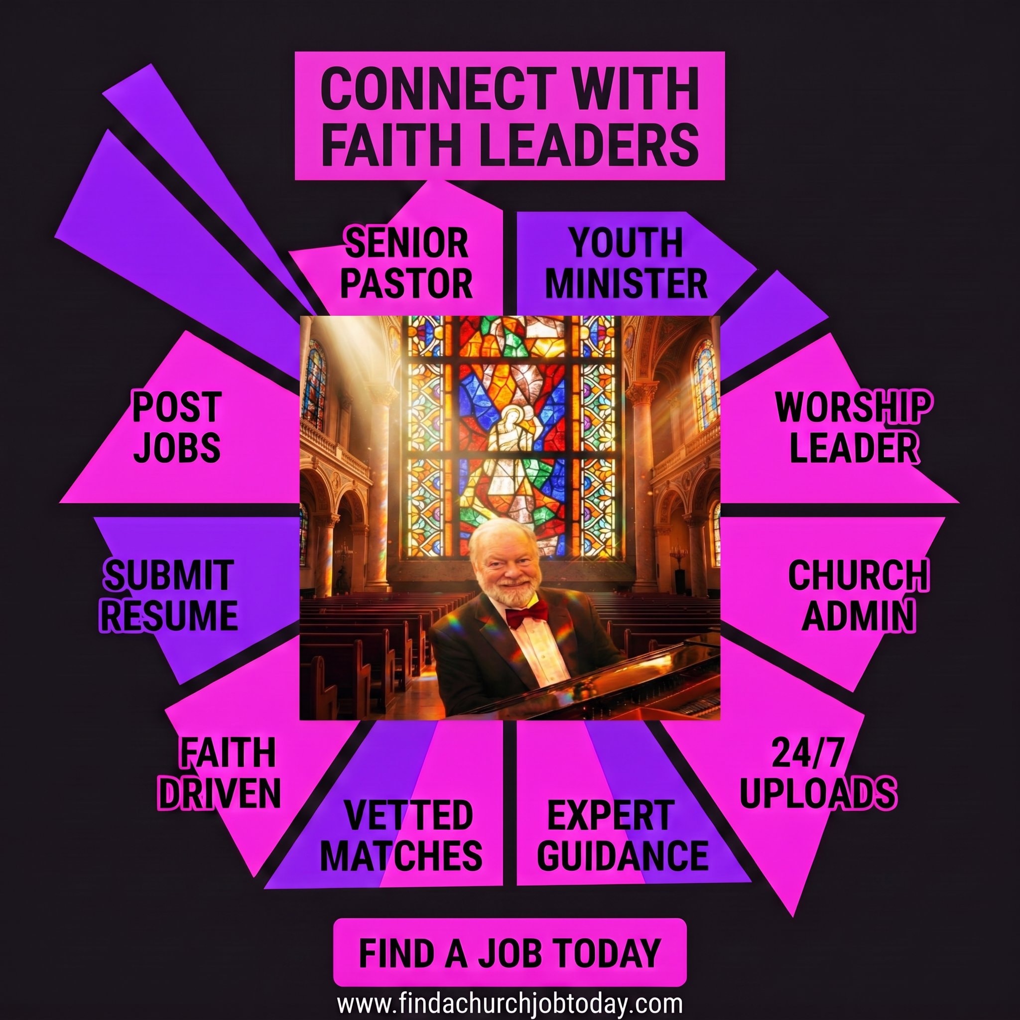 Find Your Perfect Church Fit — Senior Pastor, Youth Minister, Worship Leader, Church Admin, Post Jobs, Submit Resume, Vetted Matches, Expert Guidance, Faith Driven, 24/7 Uploads