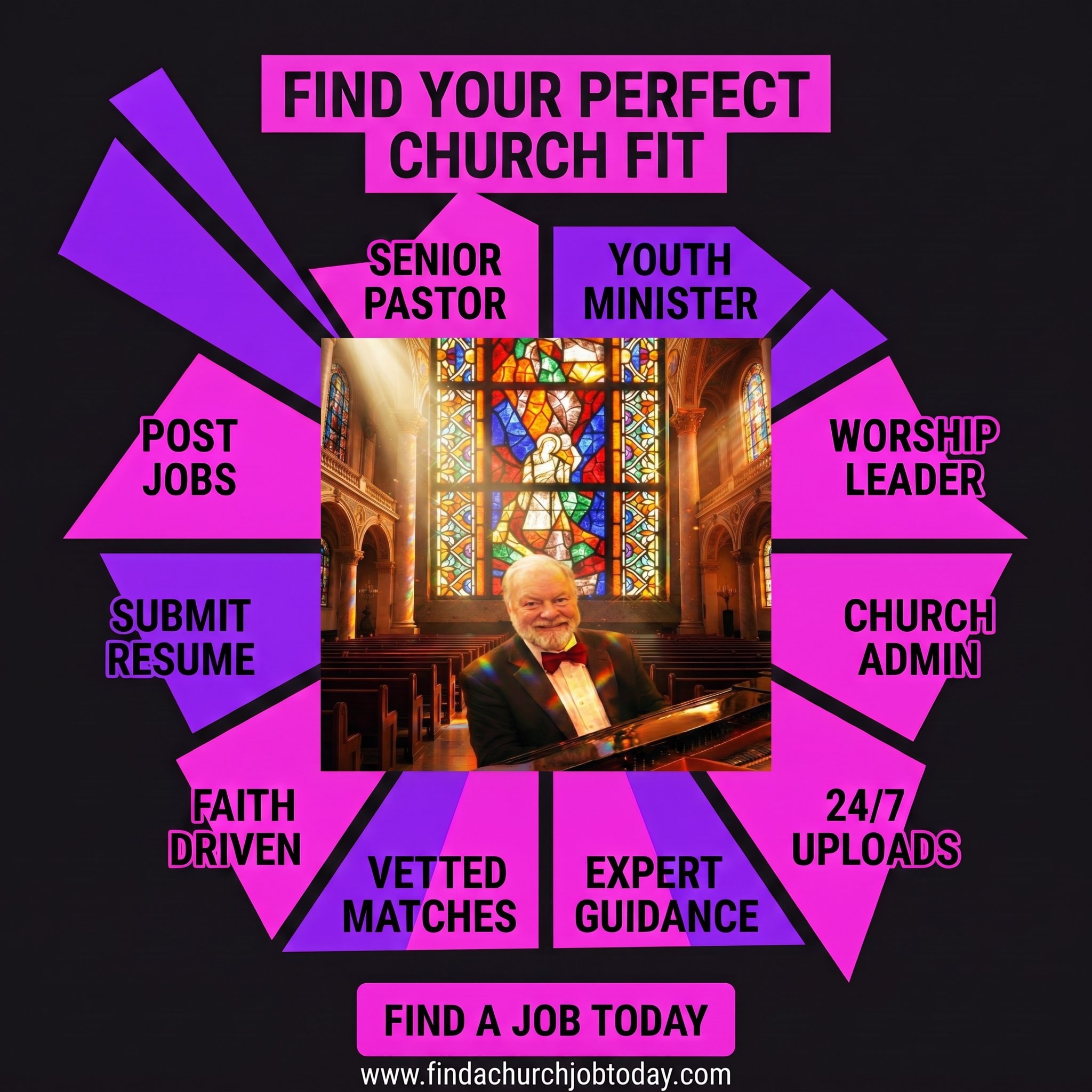Connect With Faith Leaders — Senior Pastor, Youth Minister, Worship Leader, Church Admin, Post Jobs, Submit Resume, Vetted Matches, Expert Guidance, Faith Driven, 24/7 Uploads